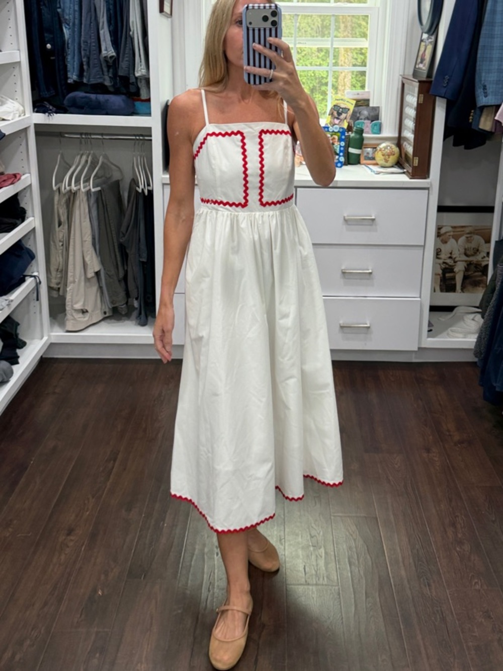 Womenโs White Midi Dress with Red Trim